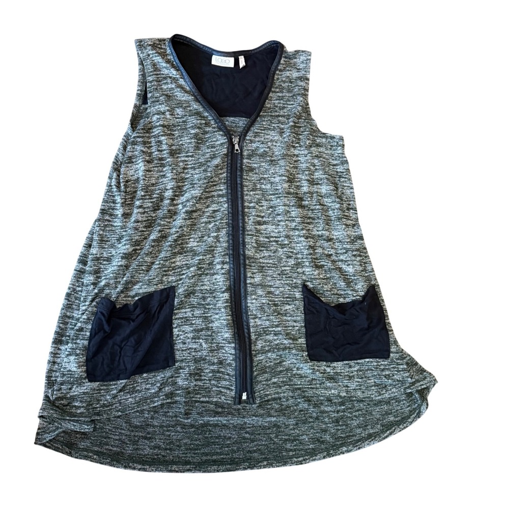 LOGO Lori Goldstein Grey Space Dye Zip Front Vest Faux Leather Trim A267850 XS - Picture 1 of 5